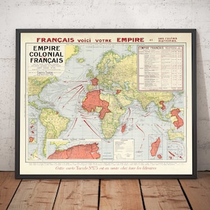 Old Map of the French Colonial Empire, 1938 by Taride - France, Napolean, North Africa, Sea Routes - Framed, Unframed Gift