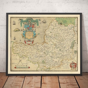 Rare Old Map of Somerset, 1575 by Saxton - Bath, Bristol, West Country, Mendips, Yeovil, Weston-super-Mare, Taunton - Framed, Unframed Gift