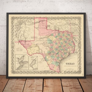Mapa antiguo de Texas de 1856 de Colton (Houston, San Antonio, Dallas, Austin, Fort Worth, El Paso). Regalo con o sin marco.