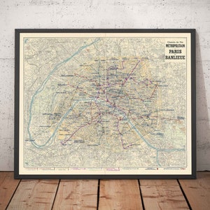 Old Map of Paris Métro Subway, 1934 by Gaillac-Monrocq - 13 Lines, Landmarks, Arc de Triomphe, City Tourist Map - Framed, Unframed