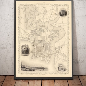 Mapa antiguo de Southampton de 1851, Tallis & Rapkin: centro de la ciudad, río Itchen, capilla, muelles, Ocean Village (con marco y sin marco)