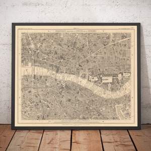 Oude kaart van City of London - London Bridge, St Pauls, Liverpool St, Bank, Finsbury, Southwark - EC1, EC2, EC3, EC4, E1, SE1 - ingelijst, ingelijst