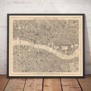 Old Map of City of London - London Bridge, St Pauls, Liverpool St, Bank, Finsbury, Southwark - EC1, EC2, EC3, EC4, E1, SE1 - Framed Unframed