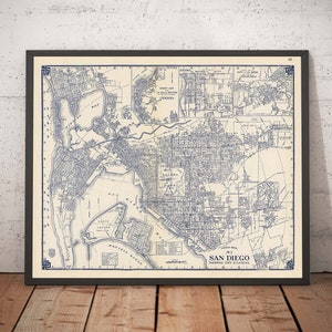 Carte ancienne de San Diego, 1938 par Thomas Bros - National City, La Jolla, La Mesa, Downtown, Balboa & Zoo, North Island - Avec, sans cadre