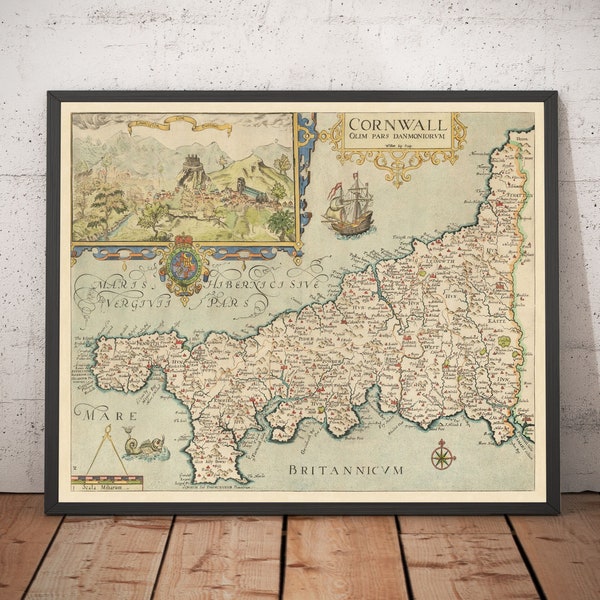 Old Map of Cornwall in 1576 by Saxton - Penzance, St Ives, Plymouth, Lands End, Padstow, St Michael's Mount, Lizard - Framed, Unframed Gift