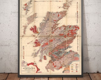 May include: A vintage geological map of Scotland, printed in black, red, and brown on a cream-colored background. The map shows the different geological formations of Scotland, including the Highlands, the Lowlands, and the islands. The map is framed in a black frame.