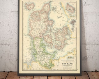 Old Map of Denmark & Schleswig-Holstein, 1872 by Fullarton - Iceland, Faroe Islands, Kingdom, Zeeland, Copenhagen - Framed, Unframed Gift