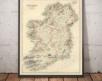 Old Map of Ireland in 1872 - Rare, Attractive Colour Map by A. Fullarton & Co - Dublin, Belfast, Sea - Framed or Unframed Irish Chart