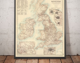 Old Map of Railways & Canals in British Isles 1872 - Colour Train Line Map of England, Ireland, Scotland, Wales - Framed or Unframed Gift