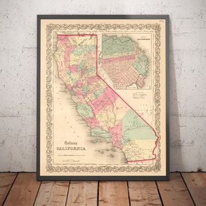 Alte Karte von Kalifornien 1860, Colton - San Francisco, Los Angeles, San Diego, Santa Clara, Fresno, San Jose - Geschenk als Geschenk