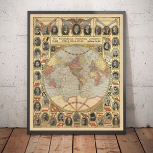 Old Flat Earth Map with World Leaders, 1921 - Shipping Lanes, Stalin, Mussolini, King George, Hoover - Framed, Unframed Gift