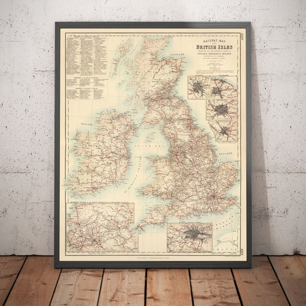 Old Map of Railways & Canals in British Isles 1872 - Colour Train Line Map of England, Ireland, Scotland, Wales - Framed or Unframed Gift