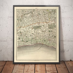 Old Map of Sussex & Surrey in 1794 by John Cary - Brighton, Dorking, Lewes, East Grinstead, Crawley - Framed, Unframed