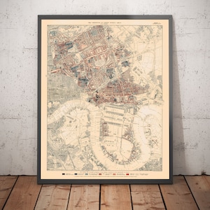 Mapa antiguo de la pobreza en Londres, 1898-9, Distrito Este - Isla de los Perros, Surrey Quays, India Occidental - E3 E14 SE16 SE8 SE10 - Regalo con o sin marco