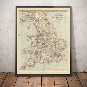 Mapa ferroviario antiguo de Inglaterra y Gales, 1883: Mapa ferroviario y estadístico de Letts - Diagrama de la red ferroviaria - Regalo con marco y sin marco
