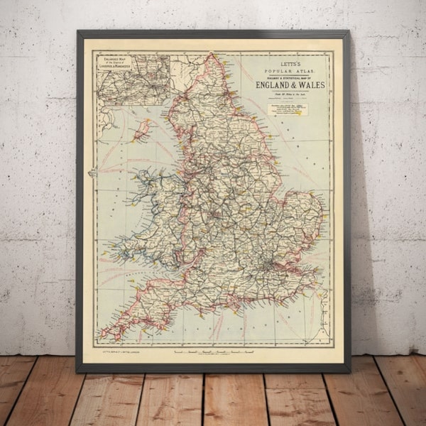 Antiguo mapa ferroviario de Inglaterra y Gales, 1883: Mapa estadístico y ferroviario de Letts - Gráfico de la red de trenes - Regalo enmarcado y sin marco