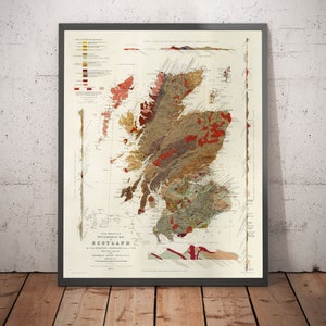 Old Map of Scotland Geology in 1862 by Roderick I. Murchison - Skye, Shetland, Orkney, Highlands Chart - Framed or Unframed Gift