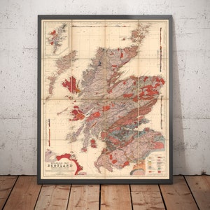 Ancienne carte de l'Écosse par A. Geikie, 1876 - carte de la géologie écossaise - art mural géologique - Orcades, Shetland, Skye, Highlands - encadrée, sans cadre