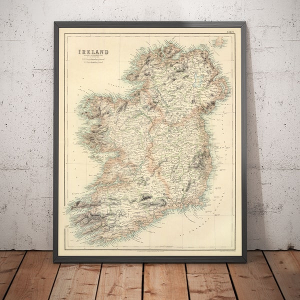 Mapa antiguo de Irlanda en 1872 - Mapa en color raro y atractivo de A. Fullarton & Co - Dublín, Belfast, Mar - Carta irlandesa enmarcada o sin marco