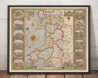 Rara antica mappa a colori del Galles, Cymru di John Speed, 1610 - Con cornice o senza cornice