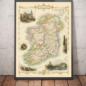 Old Map of Ireland, Eire 1851 by Tallis & Rapkin - Provinces, Cities, Dublin, Railways - Victorian Handcoloured Framed, Unframed