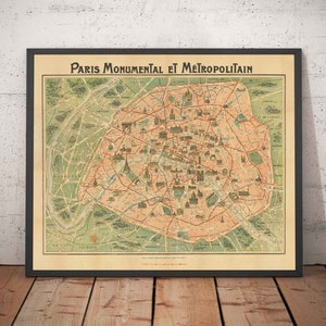 Old Map of Paris Métro & Landmarks, 1920 by Robelin - Eiffel Tower, Louvre, Champs-Elysees, Railway Subway Chart - Framed, Unframed