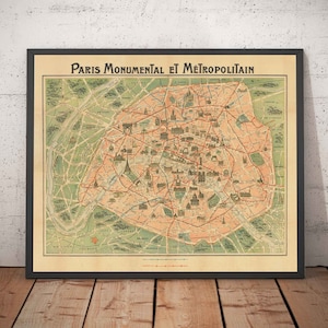 Old Map of Paris Métro & Landmarks, 1920 by Robelin - Eiffel Tower, Louvre, Champs-Elysees, Railway Subway Chart - Framed, Unframed