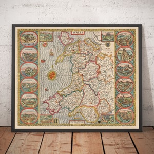 Zeldzame oude kleurenkaart van Wales, Cymru door John Speed, 1610, ingelijst of ingelijst