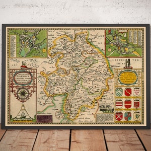 Mapa antiguo de Warwickshire de 1611, obra de Speed: Birmingham, Coventry, Solihull, Warwick, Nuneaton, Leamington y Stratford. Regalo con marco y sin marco.