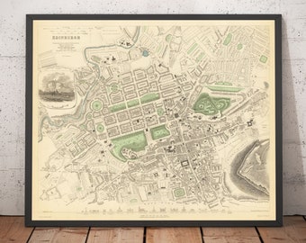 May include: An antique map of Edinburgh, Scotland, printed in black and white with green accents. The map shows the city's streets, buildings, and parks. The title "EDINBURGH" is printed at the top of the map.