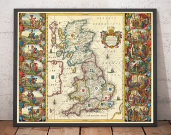 Old Map of England, Wales & Scotland in 1645 - Rare Anglo-Saxon Great Britain Viking Heptarchy Map of UK - Framed, Unframed