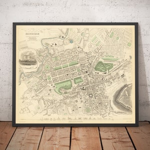 Mapa antiguo de Edimburgo, Escocia, 1834, de W. B. Clark: Water of Leith, Queen St., George St. y Prince St., Arthurs Seat (con o sin marco)
