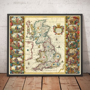 Old Map of England, Wales & Scotland in 1645 - Rare Anglo-Saxon Great Britain Viking Heptarchy Map of UK - Framed, Unframed