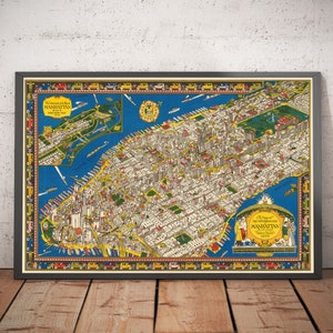 Old Map of Manhattan, USA, 1928 by Farrow - Washington Heights, Bridges - Pictorial New York City Wall Chart - Framed or Unframed Gift