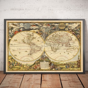 Carte de l'Atlas du vieux monde, 1700 carte ancienne très rare, carte murale vintage par Paolo Petrini encadrée ou non image 1