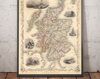Old Map of Scotland, 1851 by J. Tallis - Vintage Antique Wall Art Chart of Scottish Counties - Framed or Unframed