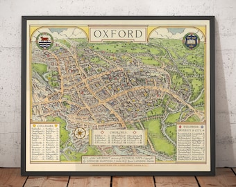 Mapa antiguo de Oxford de Spencer Hoffman, 1929 - Mapa pictórico de la universidad y los colegios - Plano urbano enmarcado y sin enmarcar