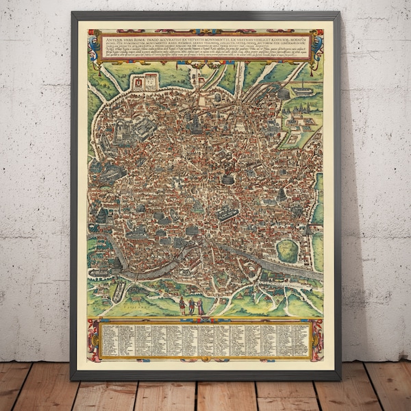 Old Map of Rome, 1588 by Georg Braun - Forum, Pantheon, Circus Maximus, Colosseum, Vatican City, Ancient Ruins - Framed, Unframed