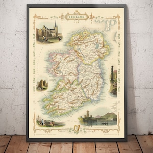 Rare Old Map of Ireland, Eire, 1851 - Ulster, Leinster, Provinces, Cities, Illustrated Landmarks - Victorian Era - Framed, Unframed