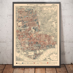 Old Map of London Poverty 1898-9, East Central by Booth - Hackney, Shoreditch, Tower Hamlets - E2, E1, E1W, EC2, EC3 - Framed, Unframed Gift