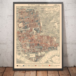 Alte Karte von London Poverty 1898-9, East Central von Booth - Hackney, Shoreditch, Tower Hamlets - E2, E1, E1W, EC2, EC3 - Geschenk gerahmt, ungerahmt