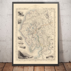 Alte Karte des Lake Distrikts, 1851 von Tallis & Rapkin - Cumbria, Westmorland, Lancashire, Windermere, Ambleside, Keswick - gerahmt, ungerahmt