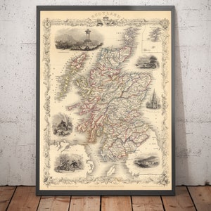 Old Map of Scotland, 1851 by J. Tallis - Vintage Antique Wall Art Chart of Scottish Counties - Framed or Unframed