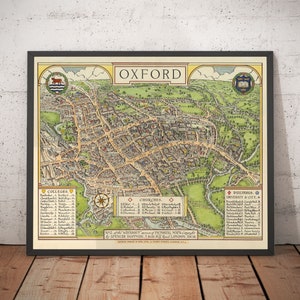 Alte Karte von Oxford von Spencer Hoffman, 1929 - Bildkarte der Universitäten und Colleges - City Chart ohne Rahmen