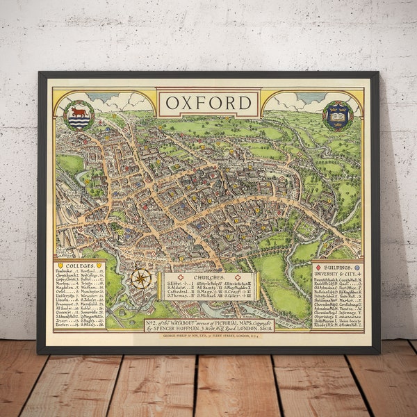 Old Map of Oxford by Spencer Hoffman, 1929 - Pictorial Map of University and Colleges - Framed, Unframed City Chart