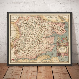 Alte Karte von Essex 1579, Saxton - Erste Karte von Essex - Southend, Colchester, Chelmsford, Romford, Dagenham, Brentwood - Geschenk ohne Rahmen