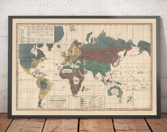 Old Political World Map, 1828 - Historical Religious Beliefs, Government, Civilisation Level, Barbarians & Savages - Framed, Unframed