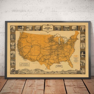 Mapa antiguo de líneas Greyhound, EE. UU., 1935 - Líneas de autobuses interurbanos Pacific y Main - ¡Más de 56.000 kilómetros de carreteras panorámicas! - Con marco y sin marco