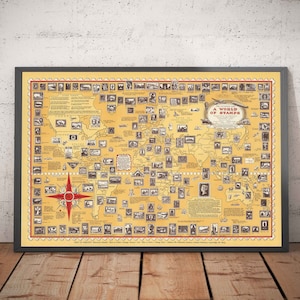 Old Stamp Map of the World, 1947 by E. Chase - Historical Post Office Atlas, Landmarks, Penny Black, Collectors - Framed, Unframed