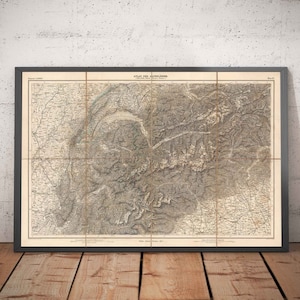 Old Map of the Alps in 1874 by Johann Mayr - Matterhorn, Mont Blanc, Geneva, Rhone, Lausanne, Grenoble, Sierre - Framed, Unframed